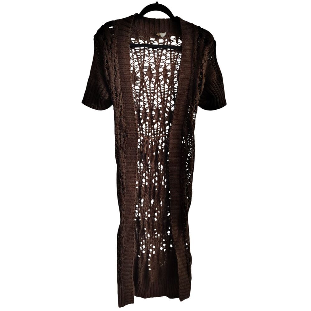 Vanity Brown Crochet long length short sleeve open front cardigan Y2K inspired